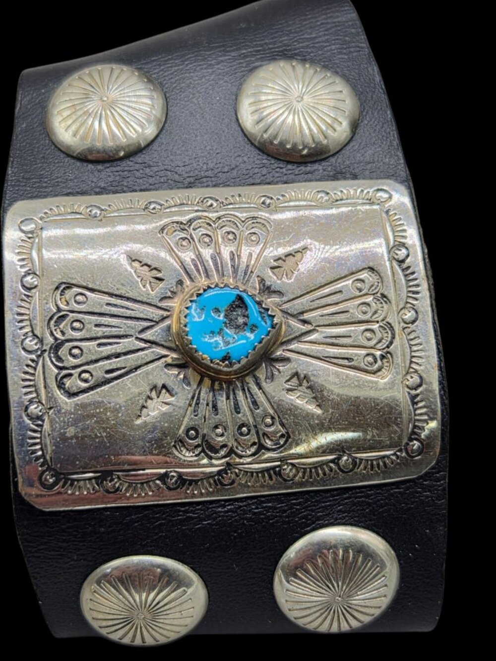 Vtg Navajo Sterling Silver Untreated Turquoise Ketoh Leather Bow Guard Cuff 40g - Picture 5 of 16